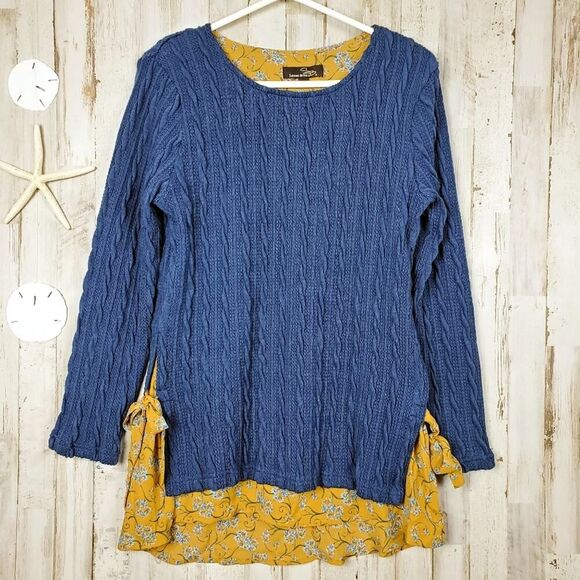 Suzanne Betro Floral Cable Knit Sweater Blue Yellow Size Small - Picture 1 of 10